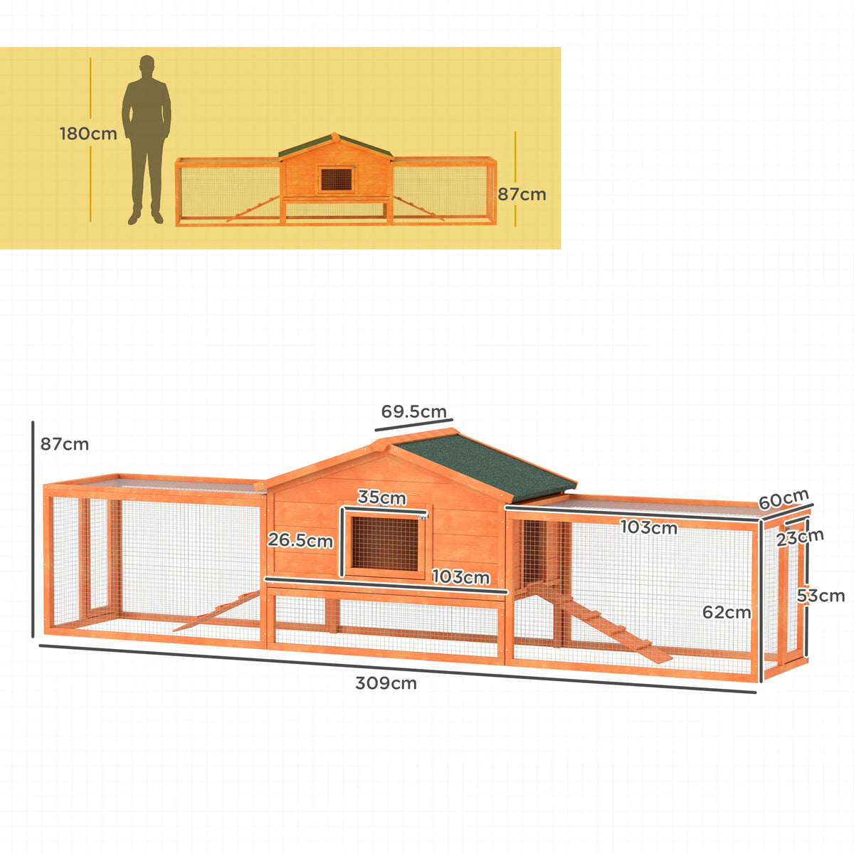 Extra Large Rabbit Hutch 309x70x87cm with Run Asphalt Roof Secure Latches and Pull Out Tray Orange