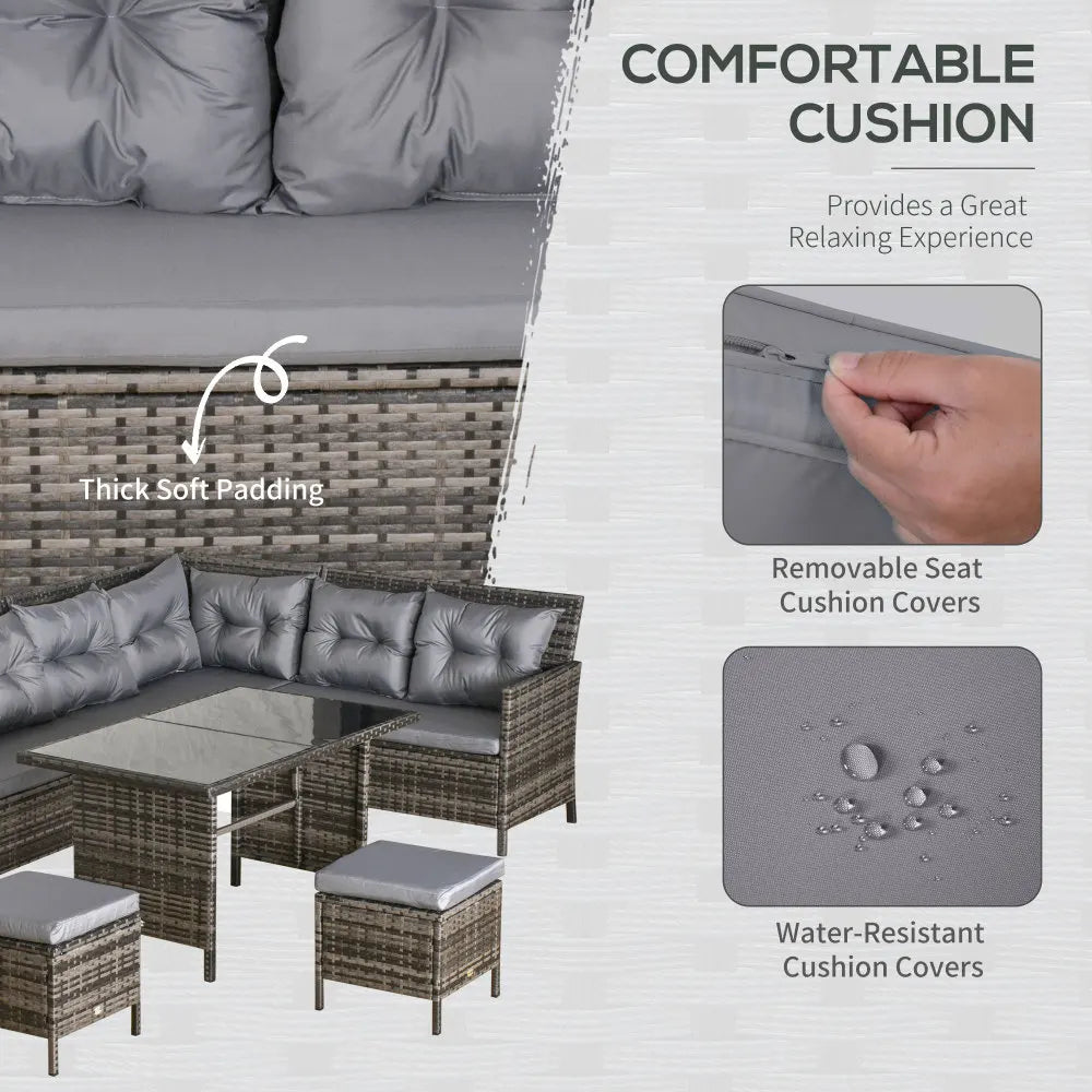 8-Seater Rattan Outdoor Dining Sofa Set with Wicker Coffee Table and Footstools, Grey