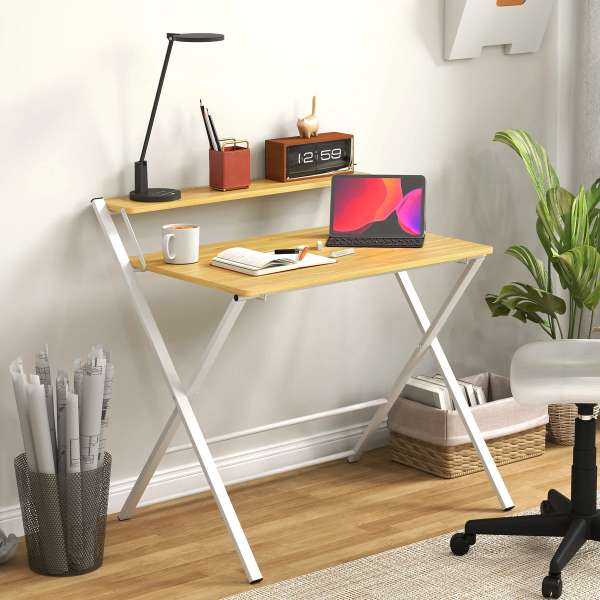 Folding Desk with 2-Tier Shelf for Home Office, Maple Wood-effect