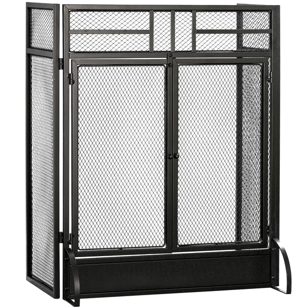 3-Panel Metal Mesh Folding Fireplace Screen with Door, Freestanding Spark Guard