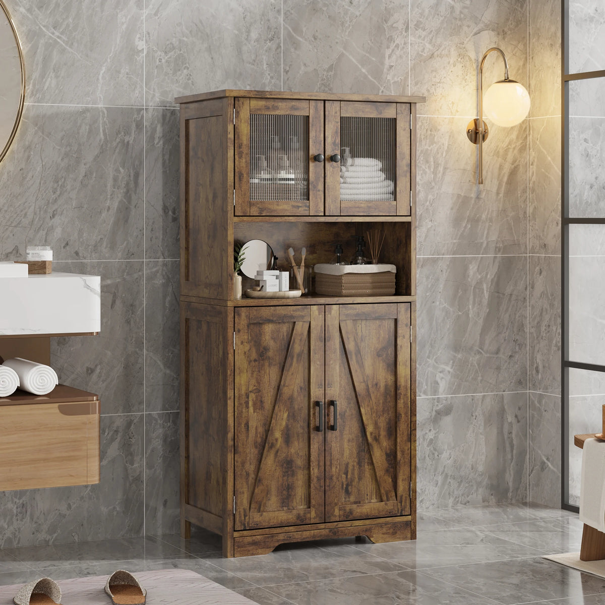 54 Inch Tall Kitchen Pantry Cabinet with Glass Doors and Adjustable Shelves | Freestanding Cupboard for Kitchen Living Room