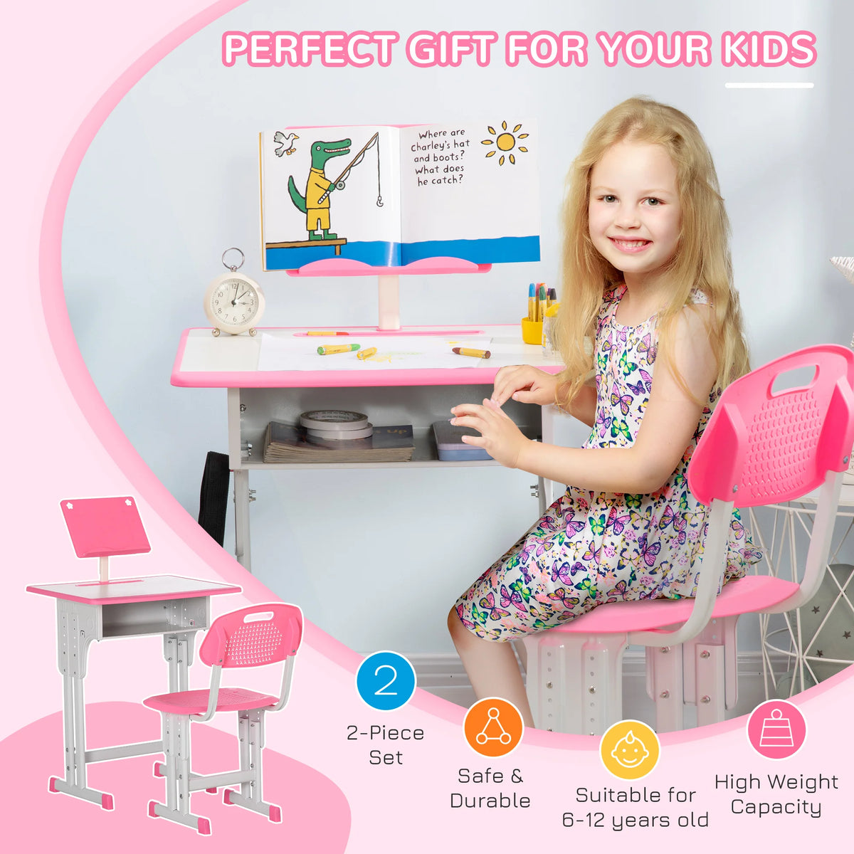 Height Adjustable Kids Desk & Chair Set with Drawer – Pink