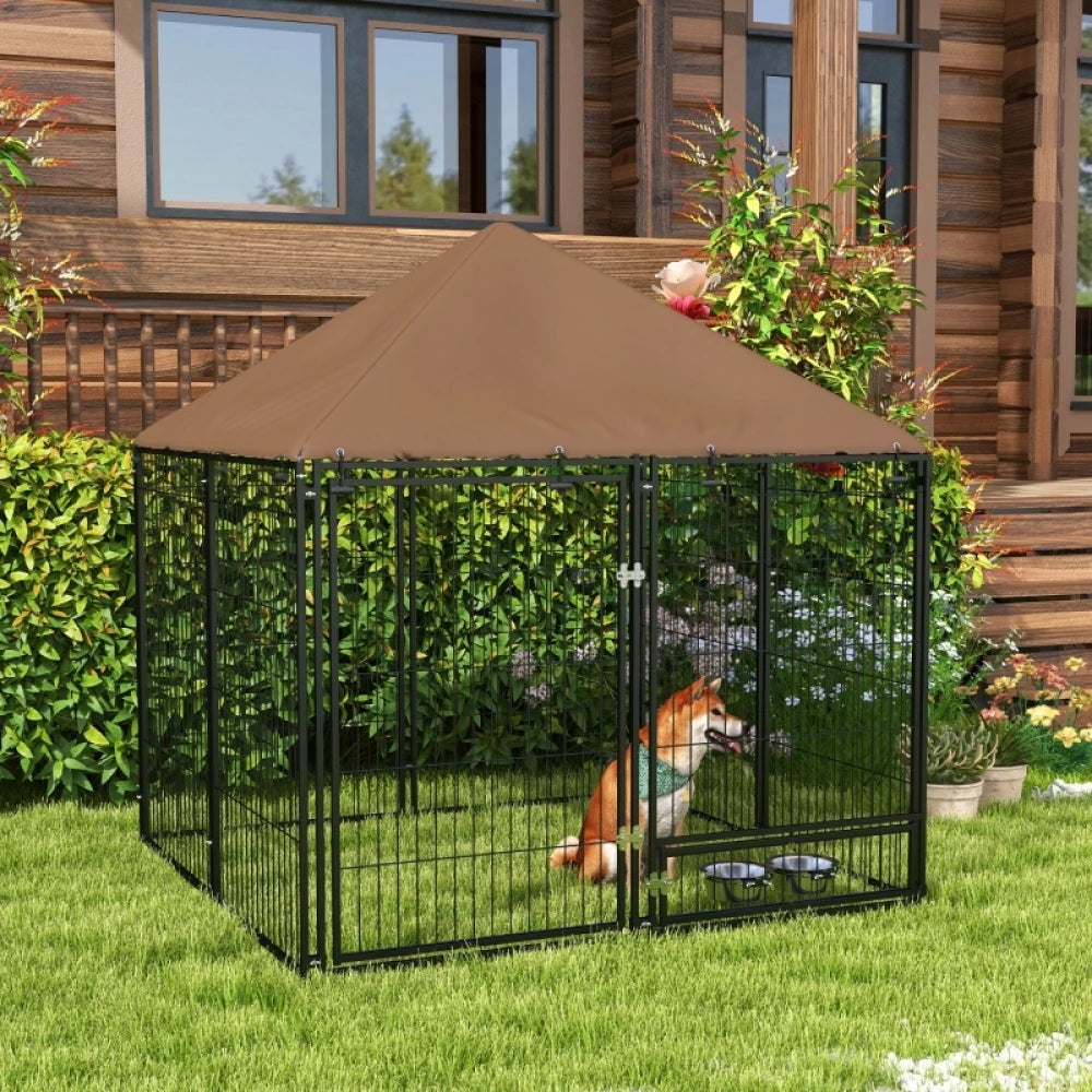 PINGGO Outdoor Dog Kennel 141x141x151cm Puppy Playpen with Canopy Rotating Bowl Garden Fence Enclosure Brown