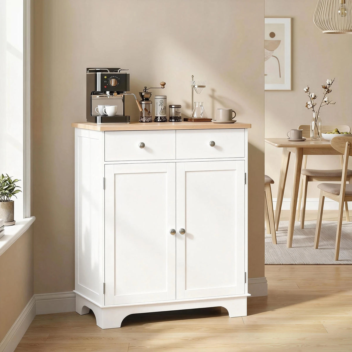 Kitchen Storage Cabinet with Rubberwood Top, 2 Drawers and Adjustable Shelf, White