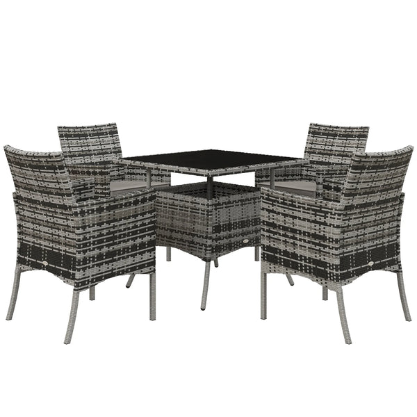4 Seater Rattan Set with Cushions, PE Rattan Garden Furniture Set, Glass Top Table, Outdoor Table and Chairs