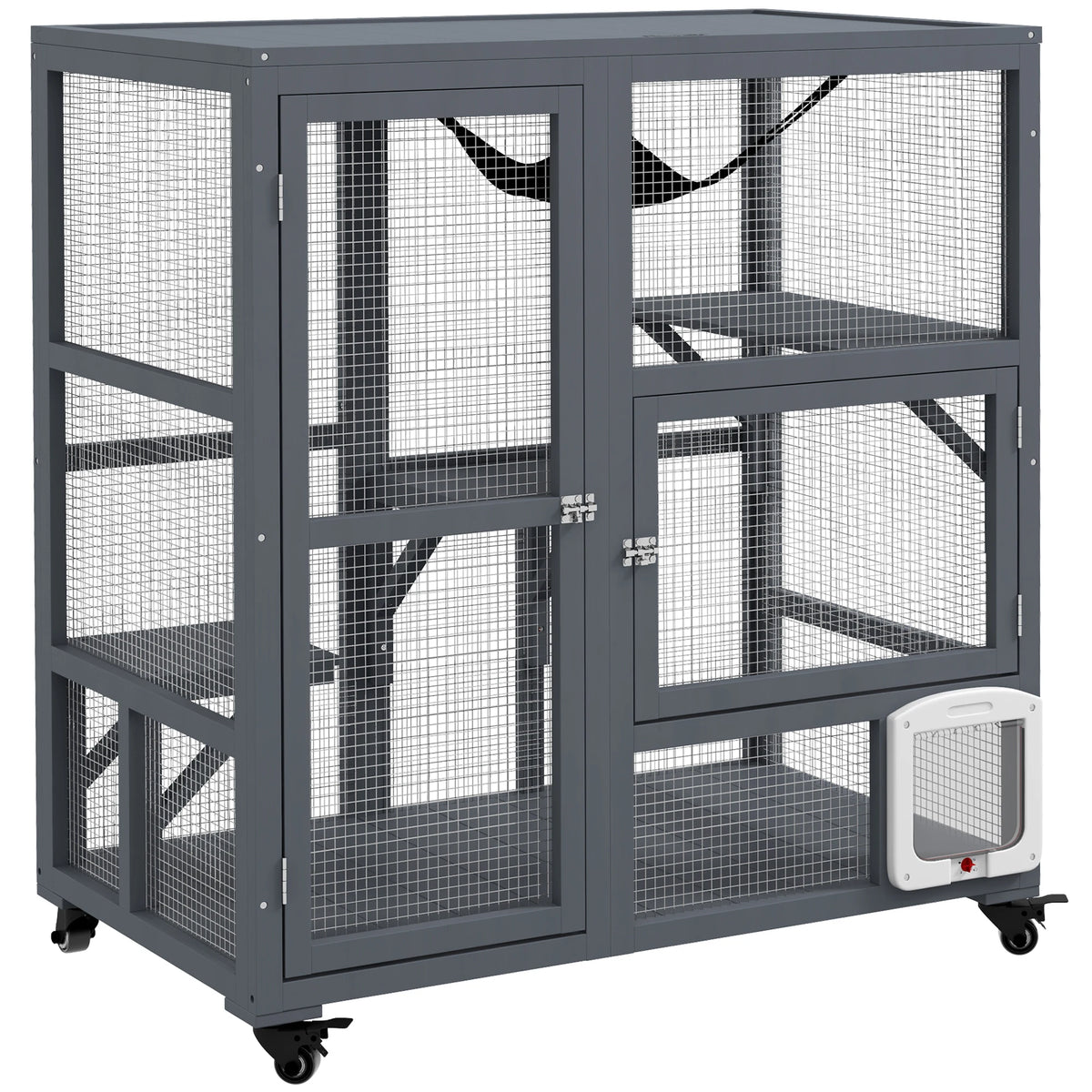 Large front door open on a catio for litter box access