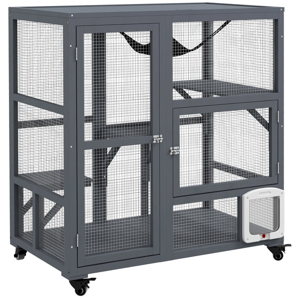 Large front door open on a catio for litter box access