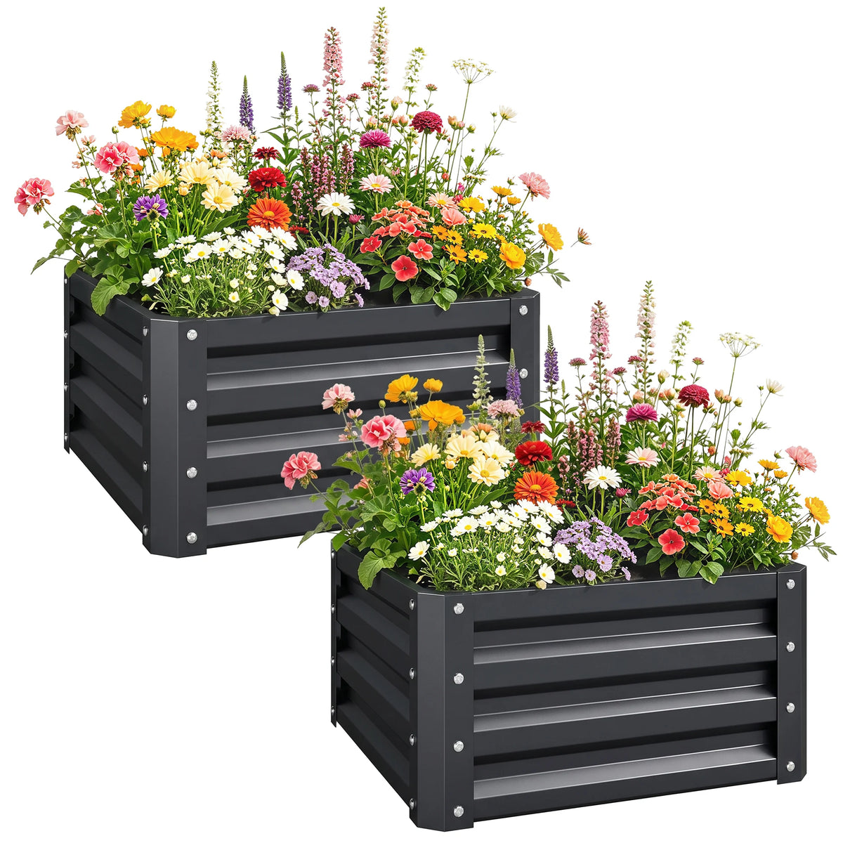 Set of 2 Raised Garden Beds Galvanised Steel Planter Boxes Open Bottom Rugged Design Easy Setup Grey