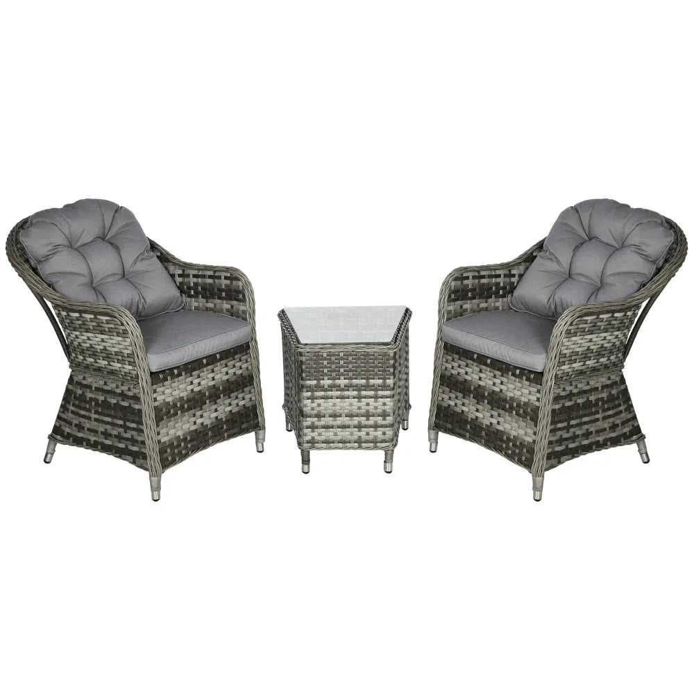 3-Piece Rattan Bistro Set with Glass-Top Table and Chairs, Grey