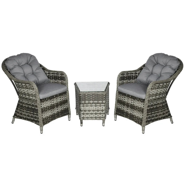 3-Piece Rattan Bistro Set with Glass-Top Table and Chairs, Grey