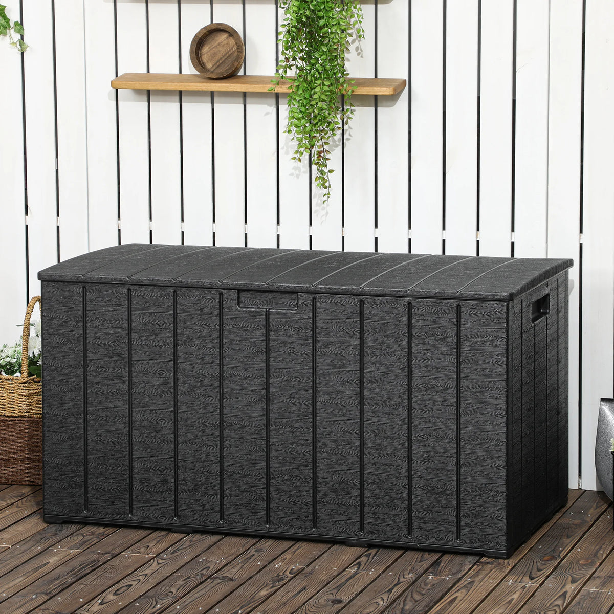 366L Garden Storage Box with Wheels and Handles, Outdoor Deck Box, 122.4 x 62 x 64.5 cm, Black
