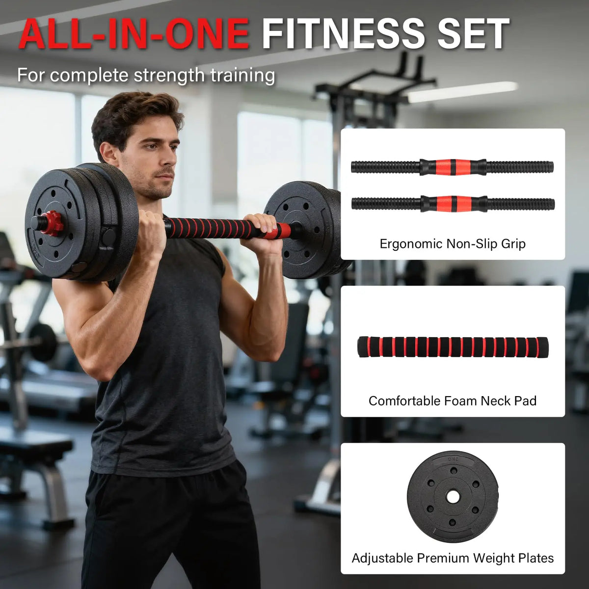 6 in 1 Adjustable Dumbbell Set 15kg 20kg 30kg Converts to Barbell Kettlebell and Push Up Rack Home Gym