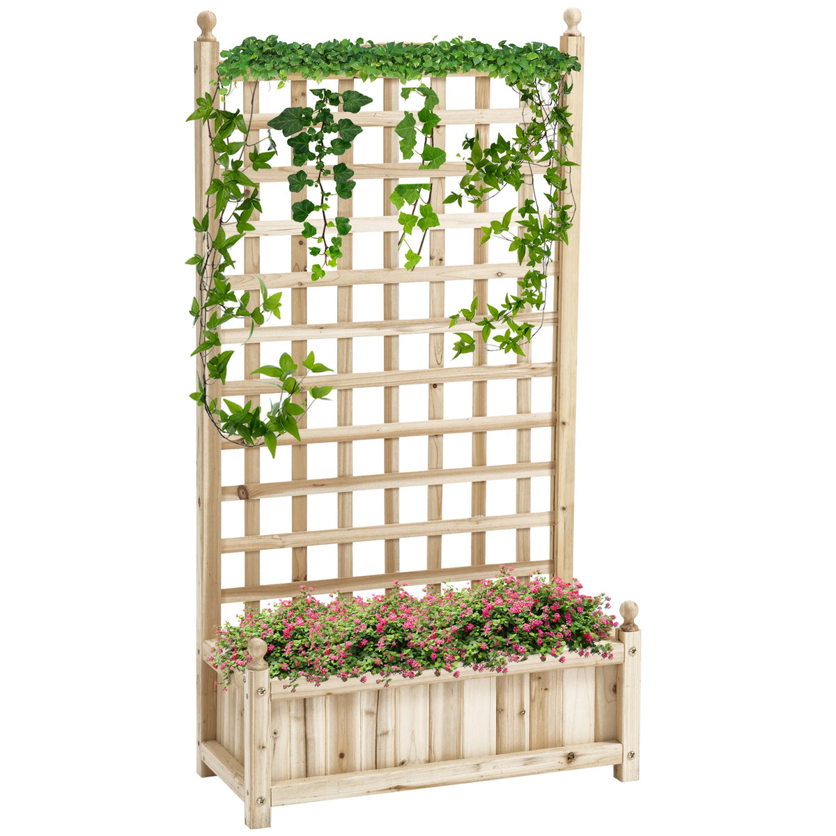 Garden Planter with Trellis Fir Wood Planting Box for Climbing Vines 2 Drainage Holes 50kg Natural