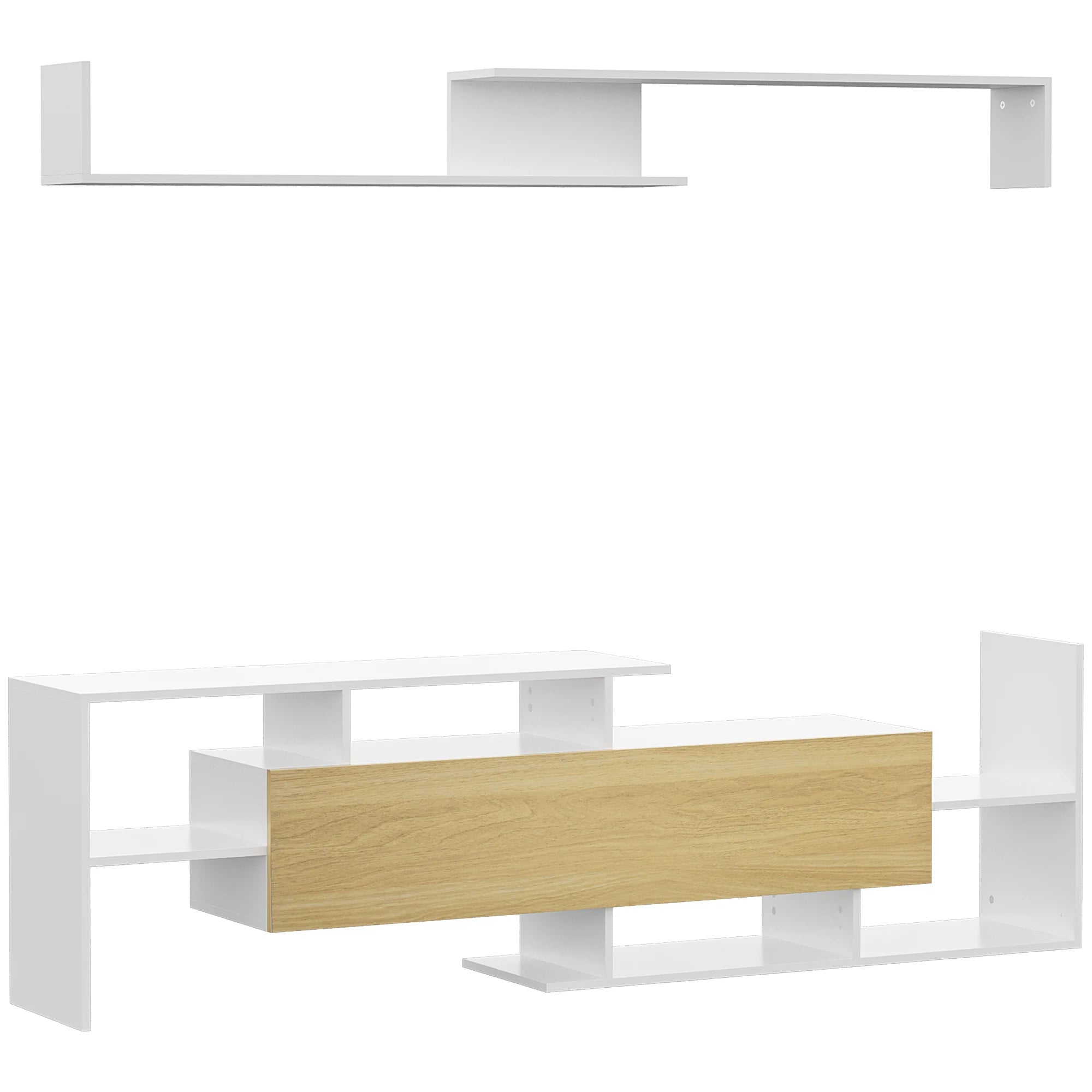 TV Cabinet Unit with Matching Floating Wall Shelf, Open Shelves and Flip-Down Door, White and Natural