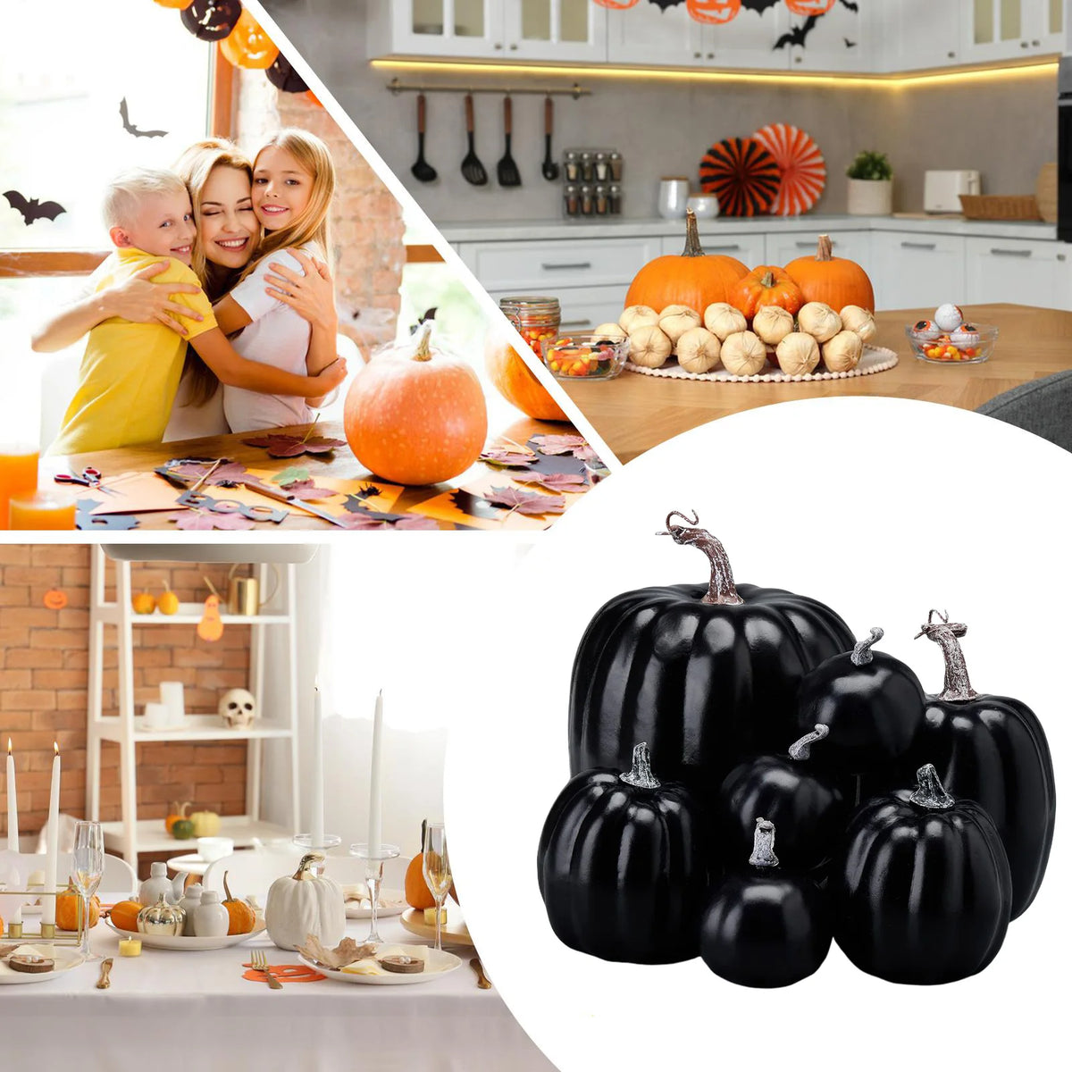 Artificial Pumpkins Set of 7, Black Halloween and Autumn Table Decorations