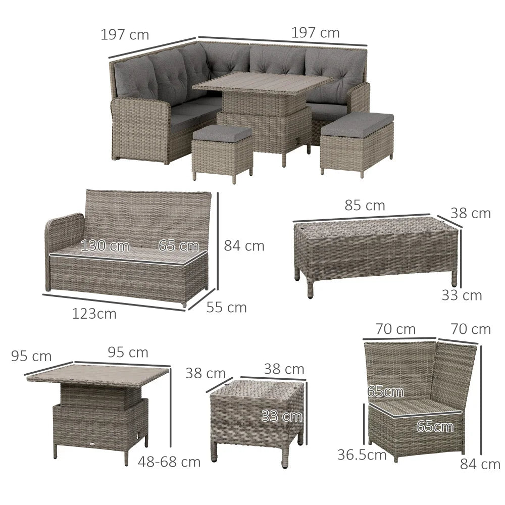 6 Piece PE Rattan Corner Sofa Set with Lifting Coffee Table, Light Grey