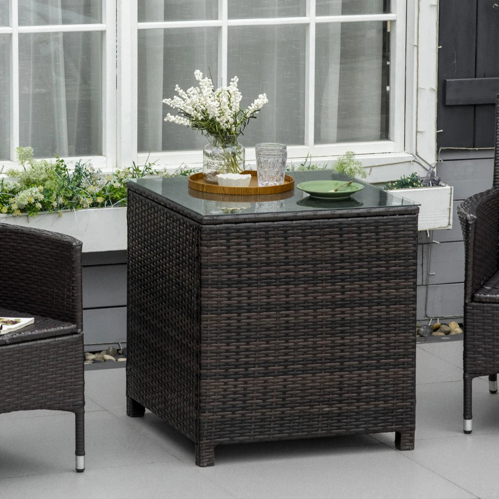 Rattan Garden Side Table 64x64x68cm Tempered Glass Top 70kg Capacity Weather Resistant for Patio Balcony Brown