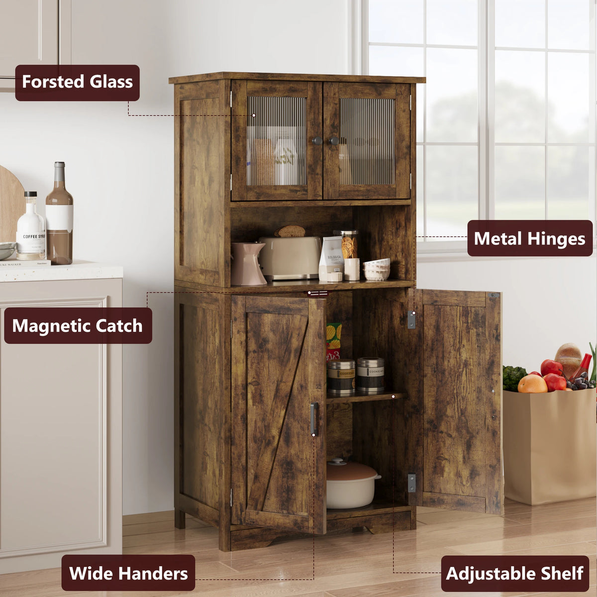 54 Inch Tall Kitchen Pantry Cabinet with Glass Doors and Adjustable Shelves | Freestanding Cupboard for Kitchen Living Room