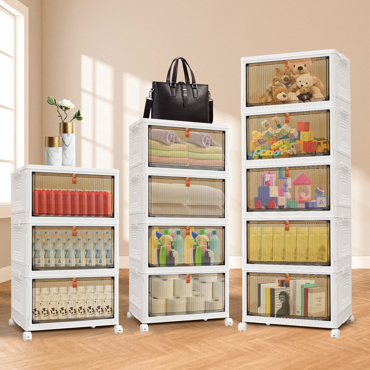 Stackable Storage Boxes with Lids 3 4 or 5 Tier 21L per Box Magnetic Front Door 4 Wheels 2 Locking PP