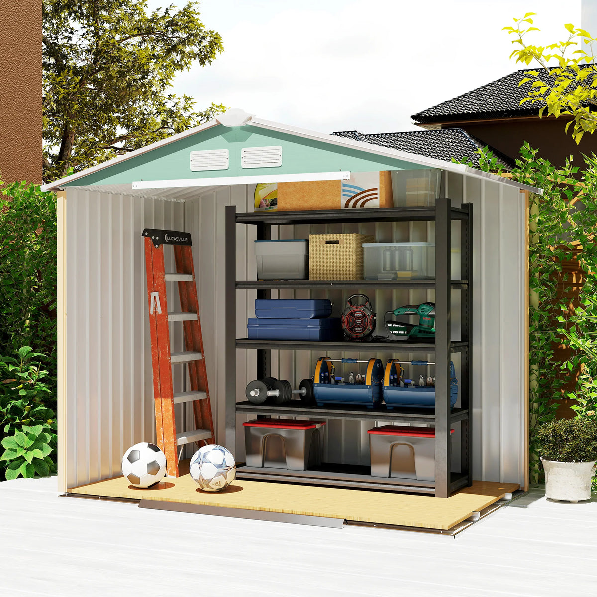 7 x 4ft Metal Garden Shed with Lockable Sliding Doors and Foundation Kit, Light Green