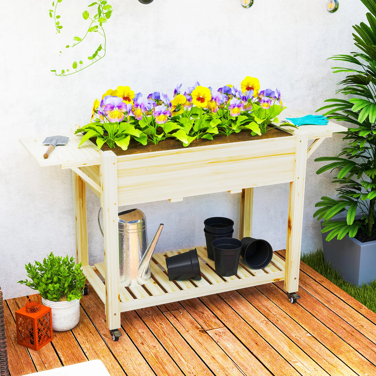 Raised Bed Planter on Wheels with 2 Lift Up Side Tables Fabric Liner 5 Drainage Holes Fir Wood Natural