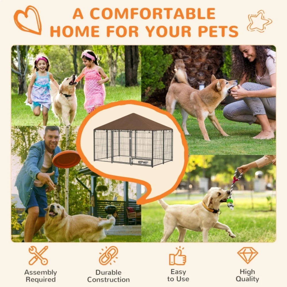 Outdoor Dog Kennel 211x141x151cm Puppy Playpen with Canopy Rotating Bowl Garden Fence Enclosure Brown