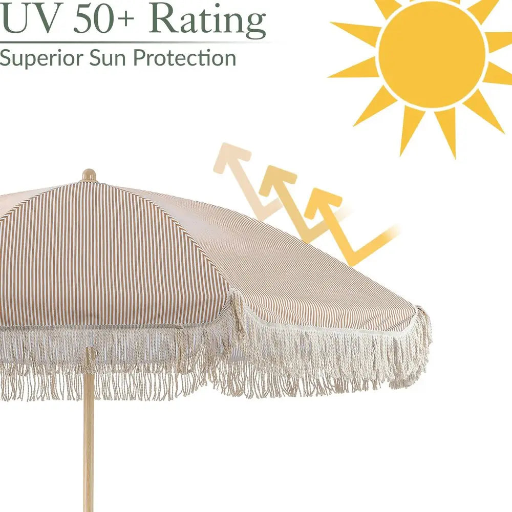 2m Tilting Garden Parasol with Cotton Tassels, Portable Beach Umbrella, UV50, Taupe Stripe