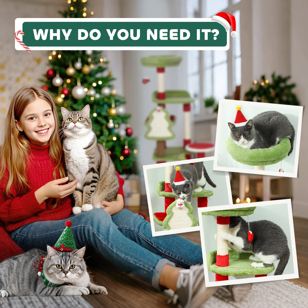 Christmas Cat Tree 120cm Festive Cat Tower with 3 Sisal Scratching Posts Condo Perch and Hanging Toys
