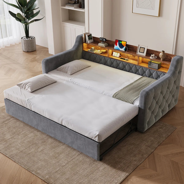 90 x 190cm Pull-Out Sofa Bed, Velvet Sleeper Sofa with Storage Headboard & LED Lighting, Dark Grey