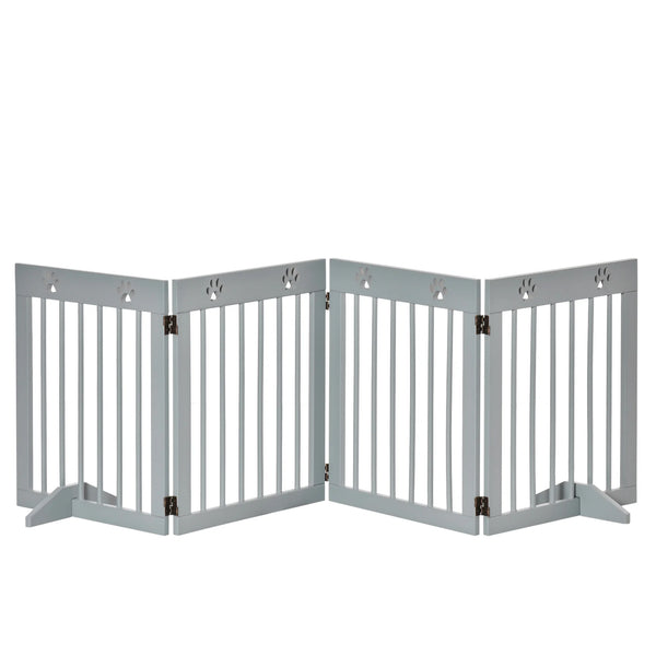 Freestanding Pet Gate, 4 Panel Folding Wooden Dog Barrier with Support Feet
