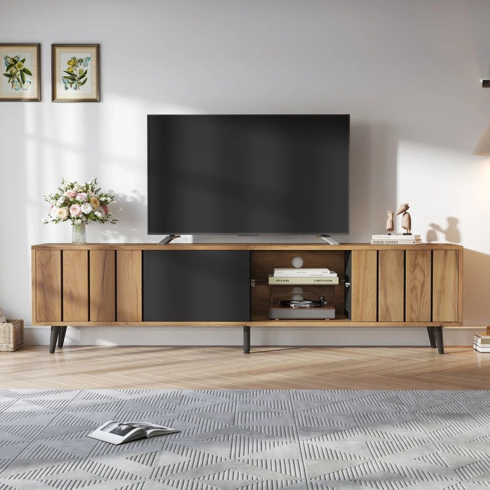 175cm TV Stand Cabinet with 3 Doors, Tempered Glass Shelf, Open Shelving and 6-Leg Support for 75 Inch TVs