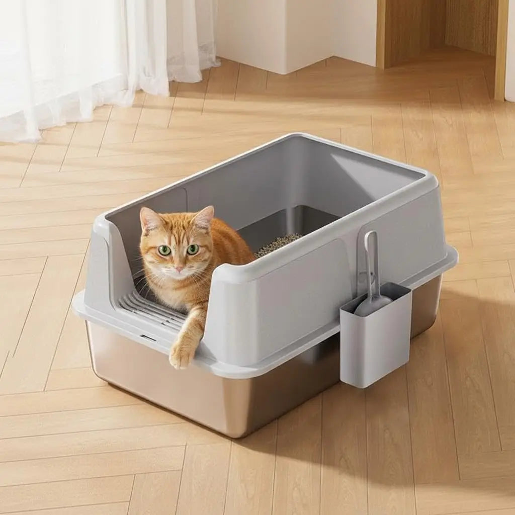 Stainless Steel Enclosed Cat Litter Pan 8 Inch Deep Non-Stick Metal Odor Control Splash Proof
