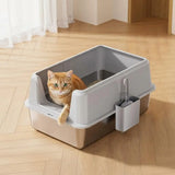 Stainless Steel Enclosed Cat Litter Pan 8 Inch Deep Non-Stick Metal Odor Control Splash Proof