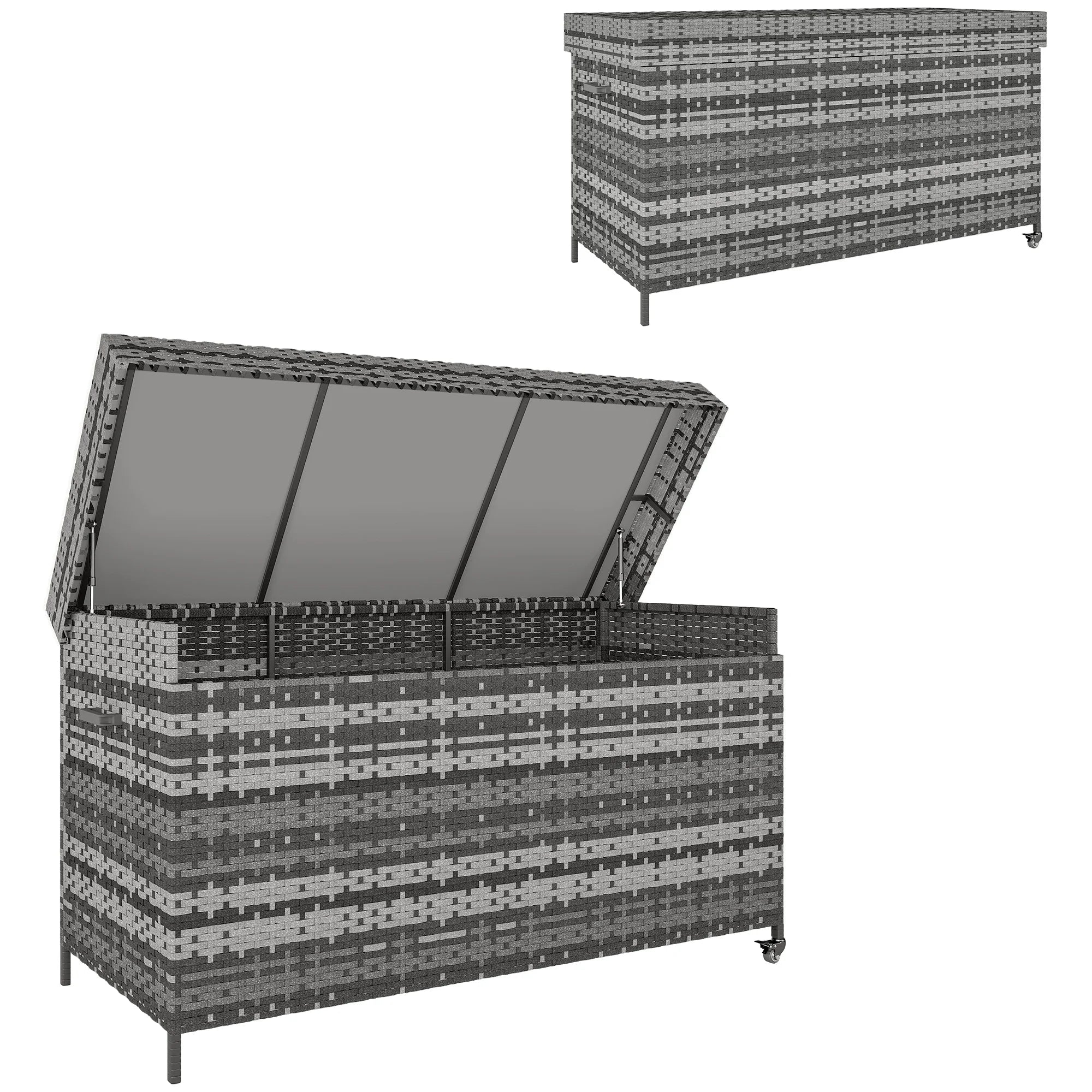 627L Rattan Outdoor Garden Storage Box with Gas Lift Lid, Wheels and Brakes