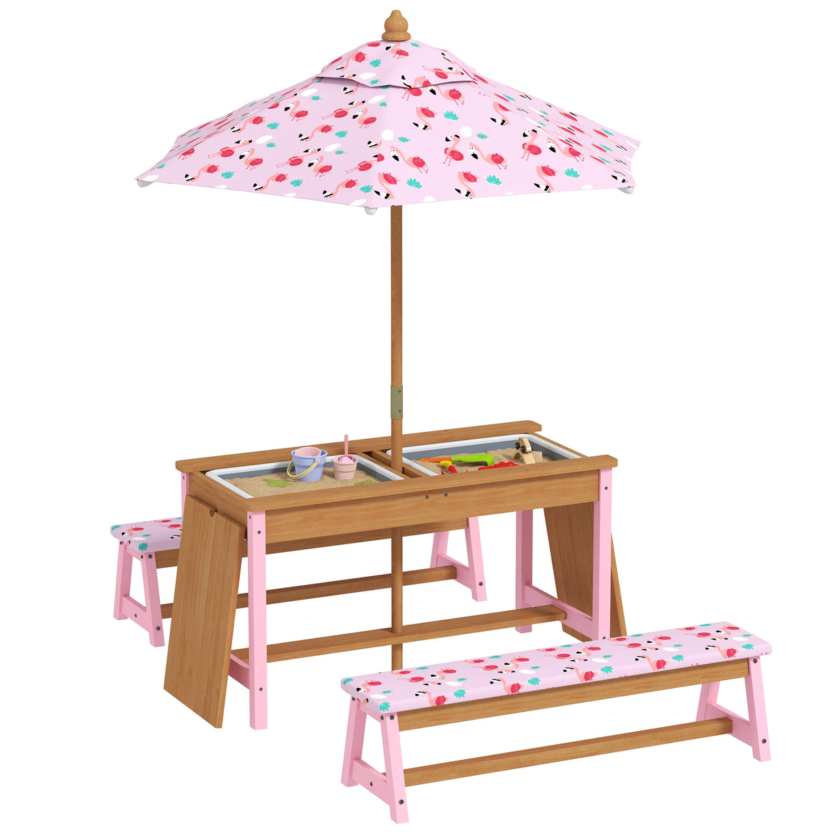 Kids Picnic Table and Bench Set with Umbrella Removable Top Sandbox Storage Boxes Fir Wood Flamingo Pink