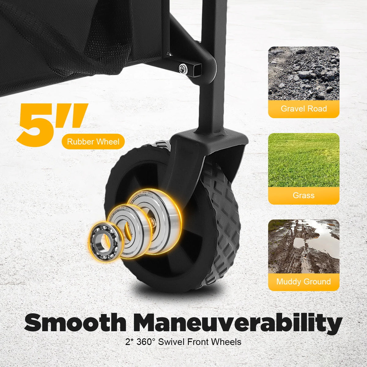 Folding Wagon Garden Cart 80kg 5 Inch Rubber Wheels Adjustable Handle 2 Cup Holders for Camping Shopping Outdoor