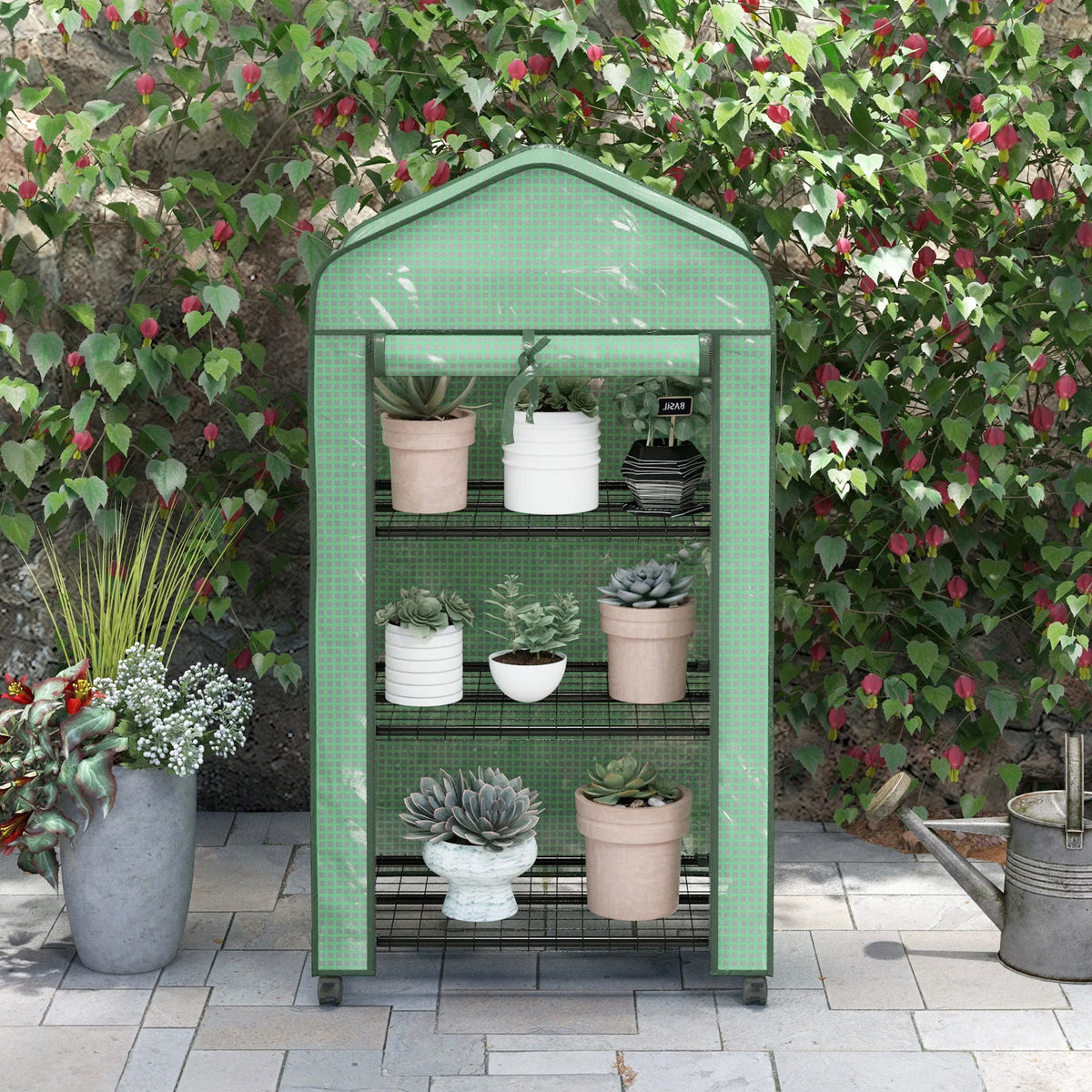 3-Tier Mini Greenhouse with Reinforced PE Cover, Green