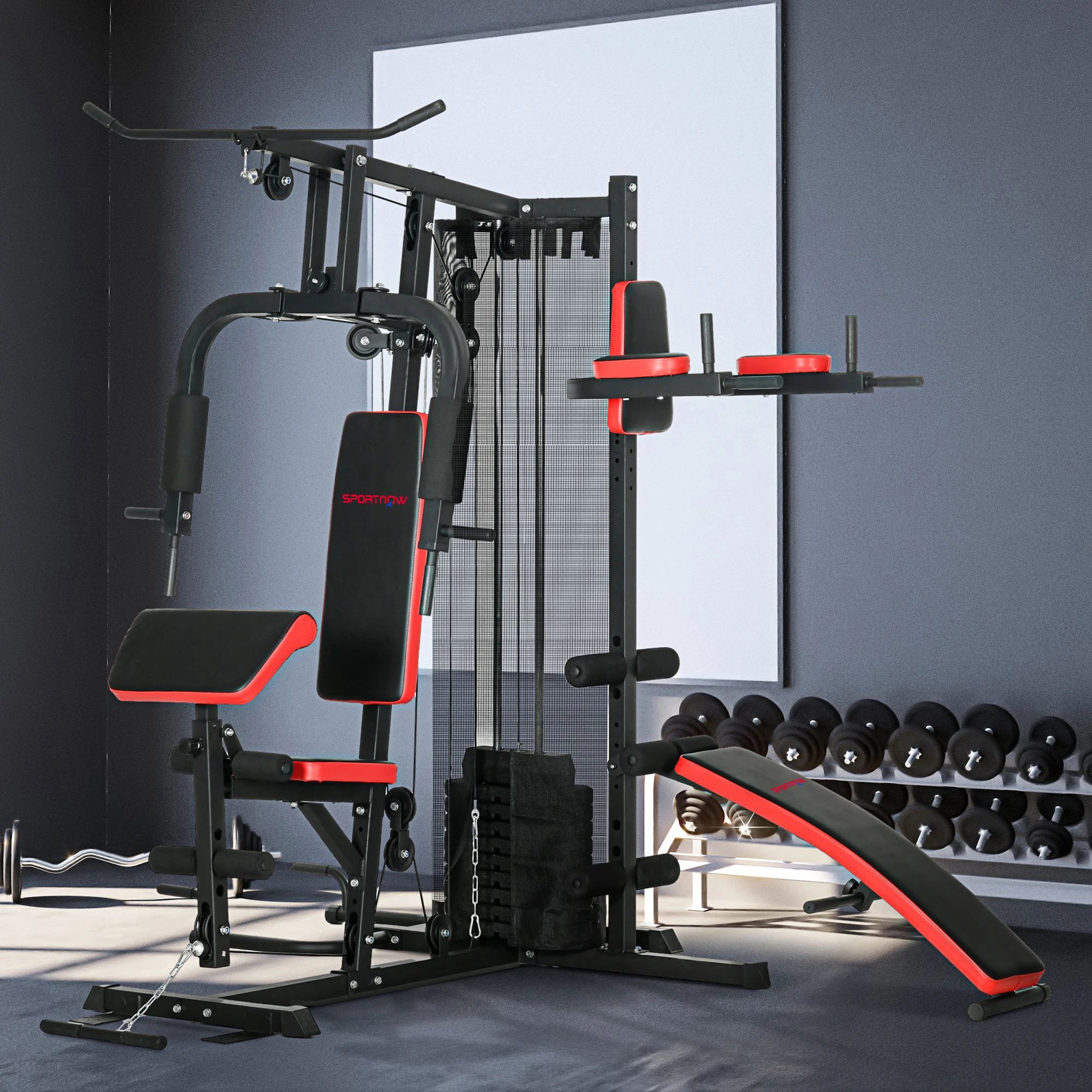 Multi Gym Workout Station 65kg Weight Stack Lat Pulldown Pec Fly Leg Curl Sit Up Bench Dip Station Home Gym