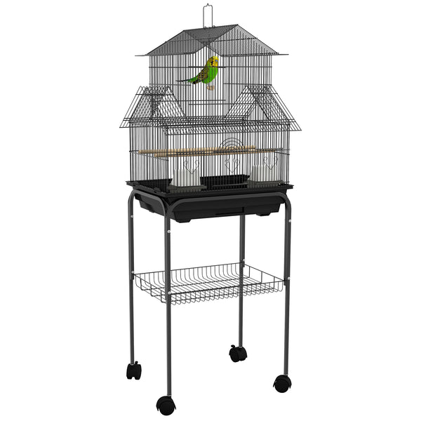 Metal Bird Cage with Stand, Wheels, Perches and Feeders for Finches and Canaries, Black