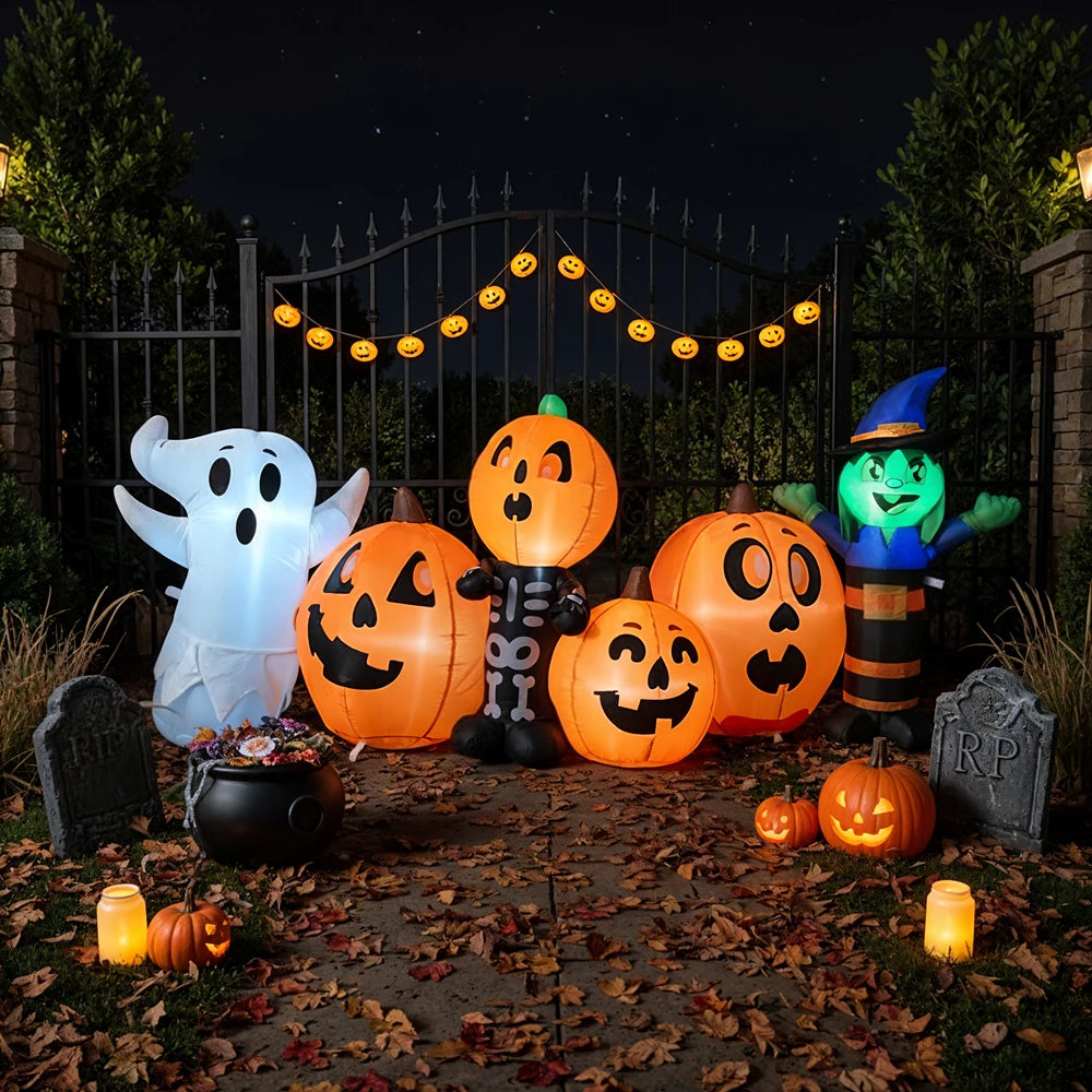 8ft Halloween Inflatable Pumpkin, Witch and Ghost Decoration with LED Lights