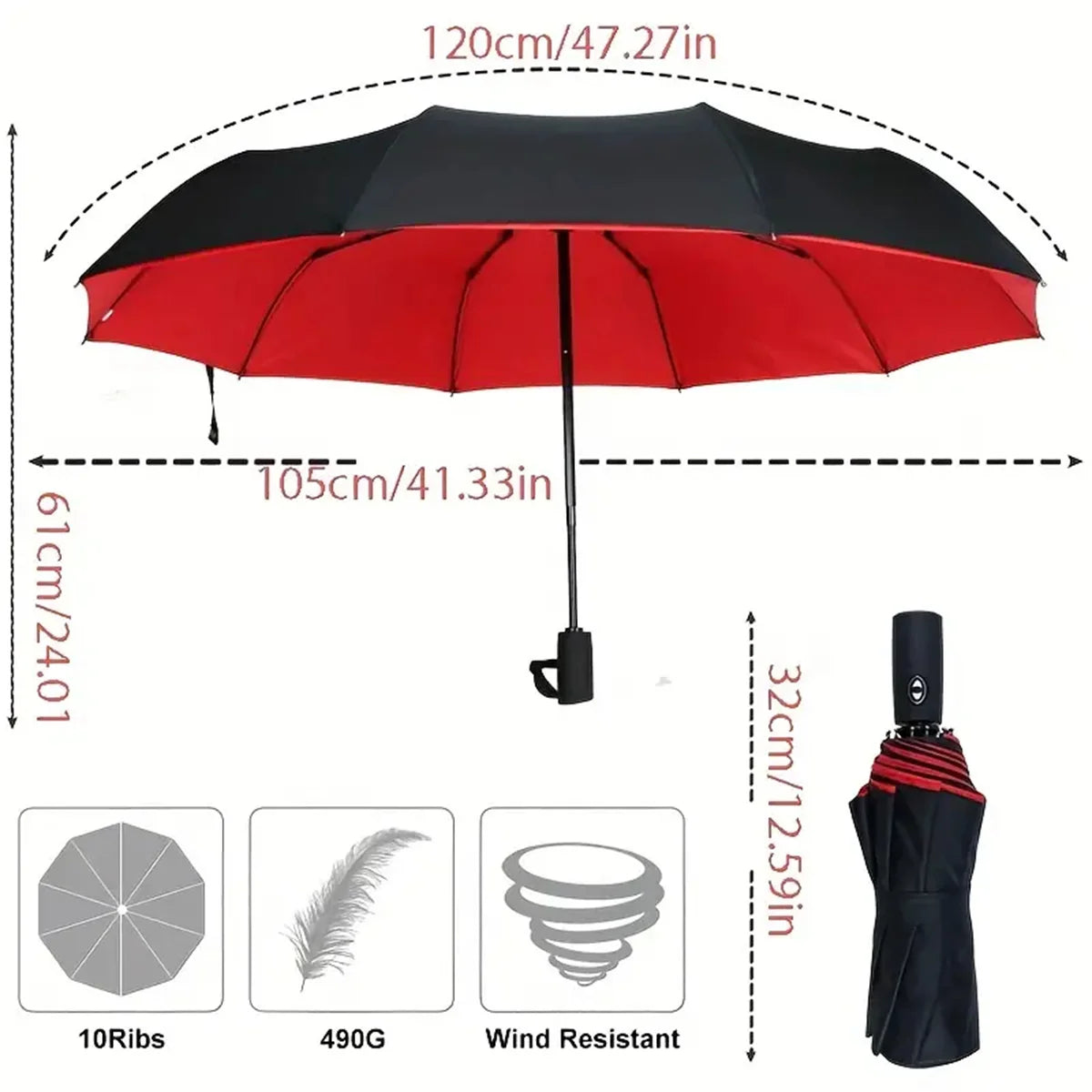 Double-Layer Windproof Automatic Umbrella, 10-Rib Large Folding Umbrella