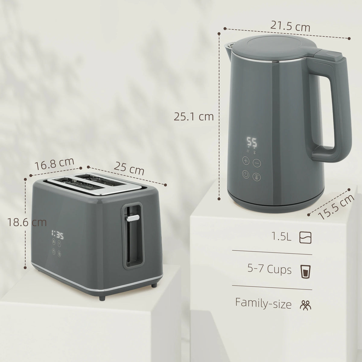 1.5L 3000W Fast Boil Kettle and 2-Slice Toaster Set with Insulation, Grey