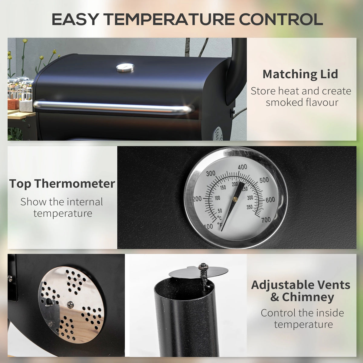 Charcoal BBQ Grill Trolley with Lid Thermometer Adjustable Vents Chimney Side and Bottom Shelves 600C Steel