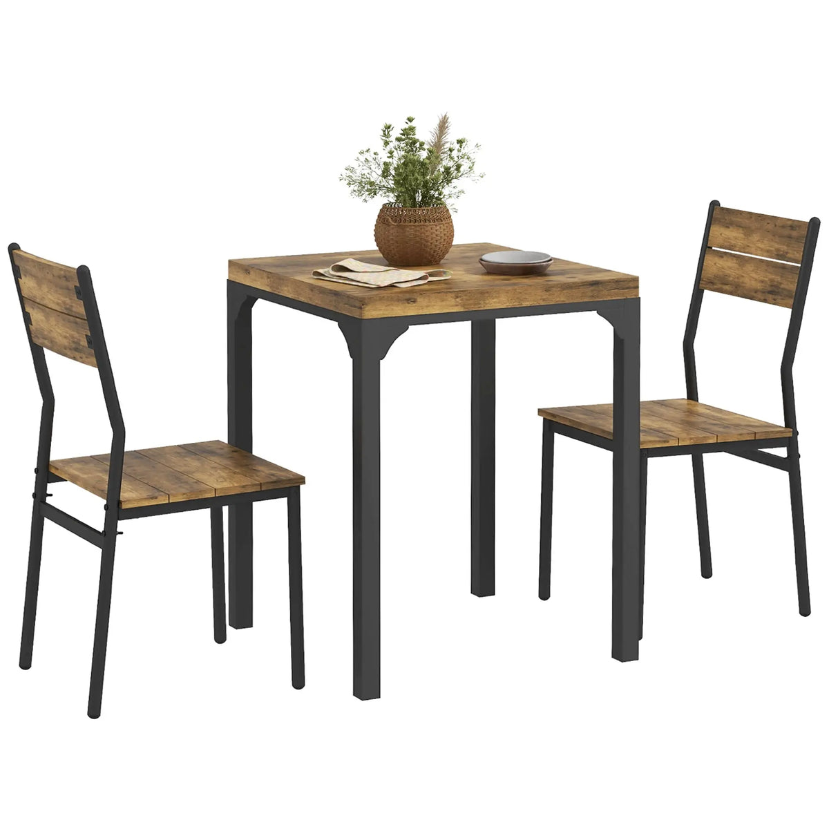 3 Piece Compact Dining Table and 2 Chairs Set MDF Wood Effect Tops Powder Coated Steel Frames Rustic Brown