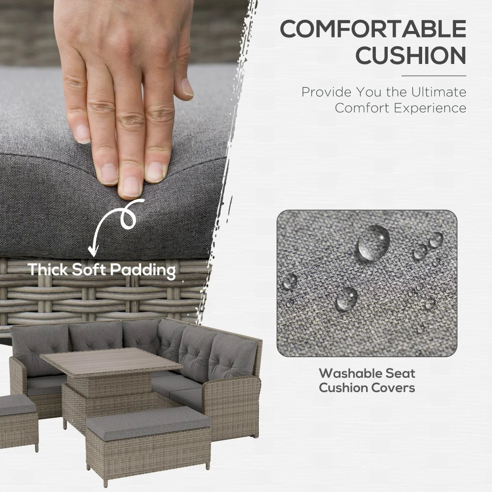 6 Piece PE Rattan Corner Sofa Set with Lifting Coffee Table, Light Grey