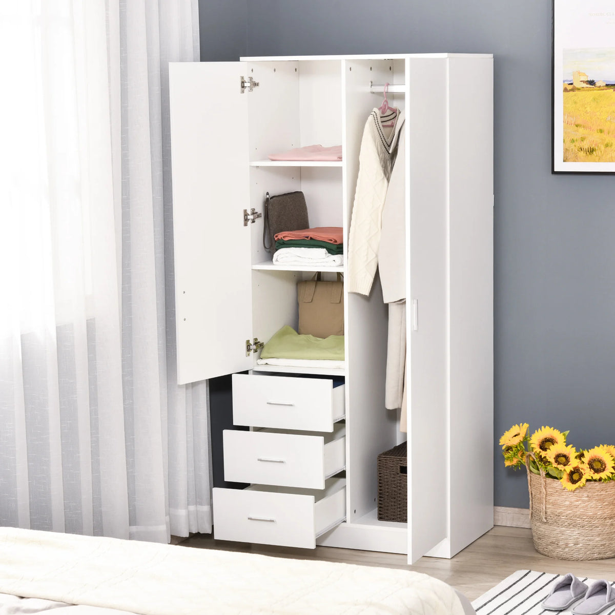 2 Door Wardrobe with Mirror, 3 Drawers and Adjustable Shelves, 80 x 50 x 180 cm, White
