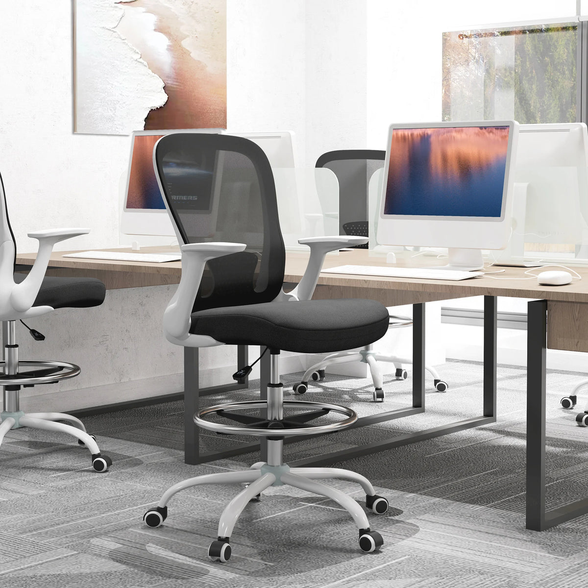Mesh Draughtsman Chair with Flip-Up Armrests and Foot Ring, Black and White