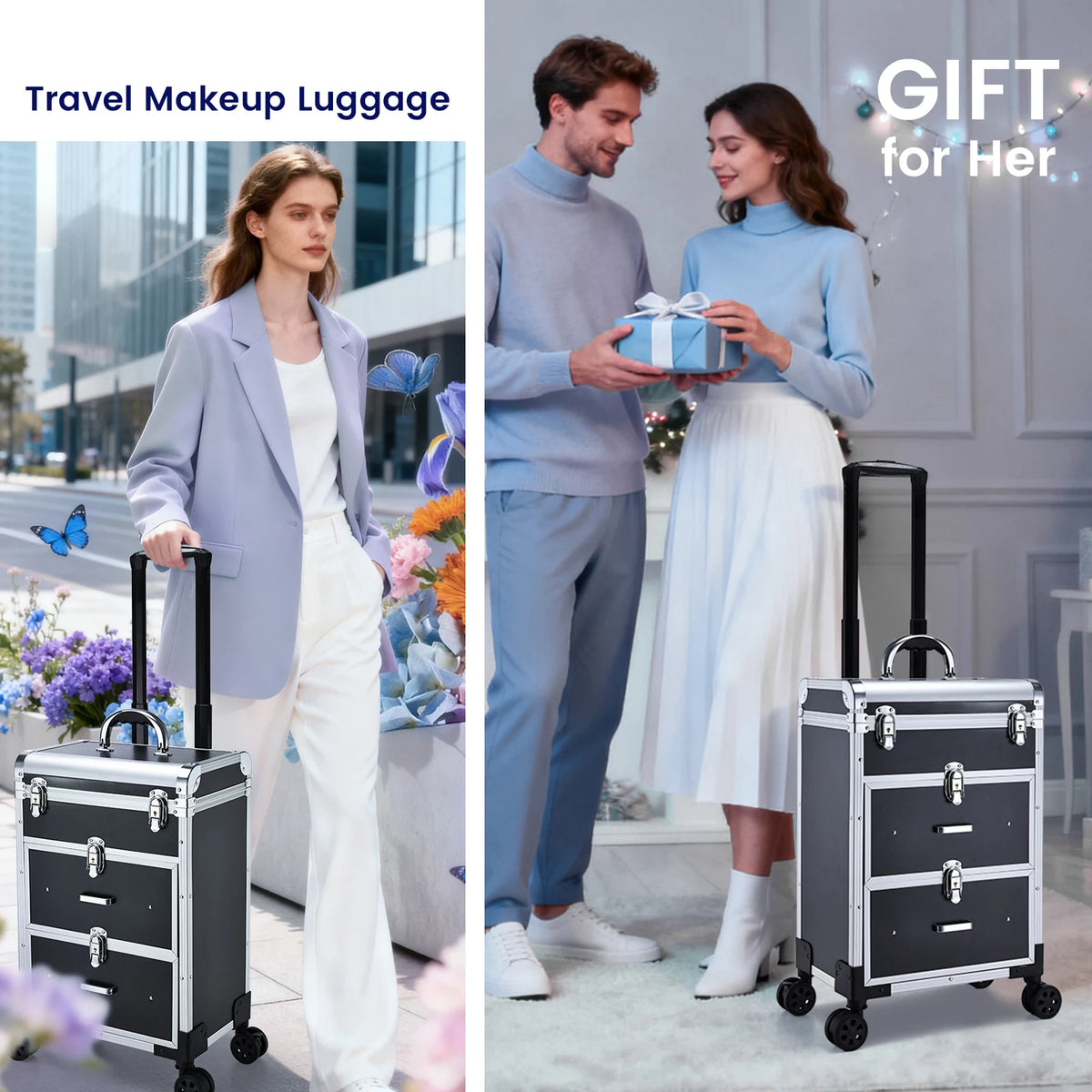 Professional Rolling Makeup Trolley Case with Locks and Drawers 36-55L PVC Cosmetics Storage Organiser