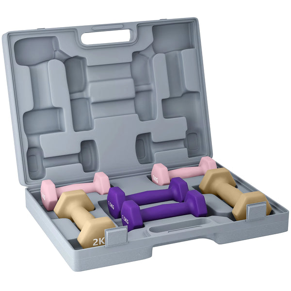 9kg Hex Dumbbells Set with Carry Case, 2 x 1kg, 2 x 1.5kg, 2 x 2kg