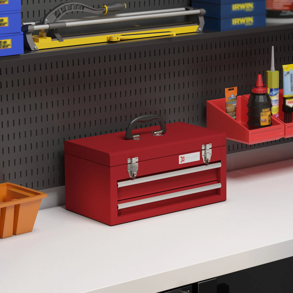 2 Drawer Steel Tool Chest with Ball Bearing Runners and Top Compartment, Red